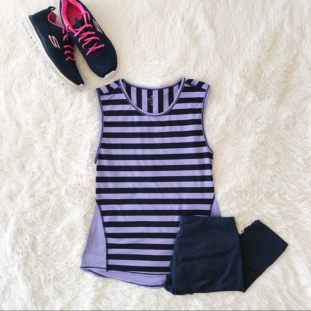 Athleta ocean stripe chi muscle top purple and black striped workout top Sz XS
